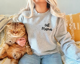 Coton ouaté cat mama unisexe, chandail maman chat, calligraphie imprimé main, cadeau amoureux chat, folle aux chats, mode automne éthique