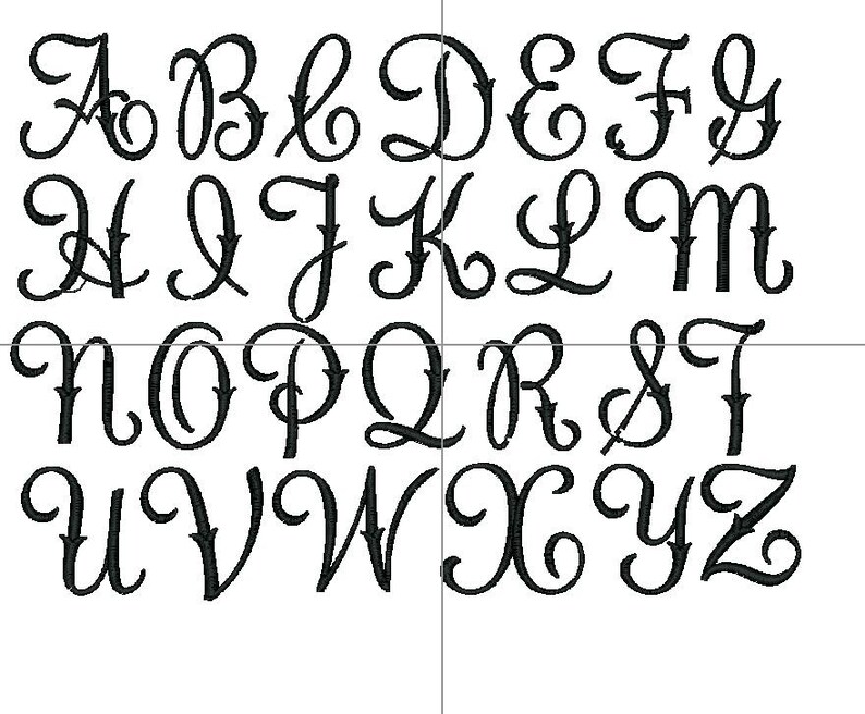 May include: A black and white image of the alphabet in a cursive font. Each letter is stylized with a flourish.