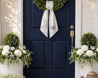 Personalized Monogram Door Sash, Toile Floral Neutral, Custom Embroidery Wreath Accent, Front Entry Decor