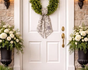 Personalized Monogram Door Sash, Elegant Decor, Ivory Taupe Damask Wreath Sash