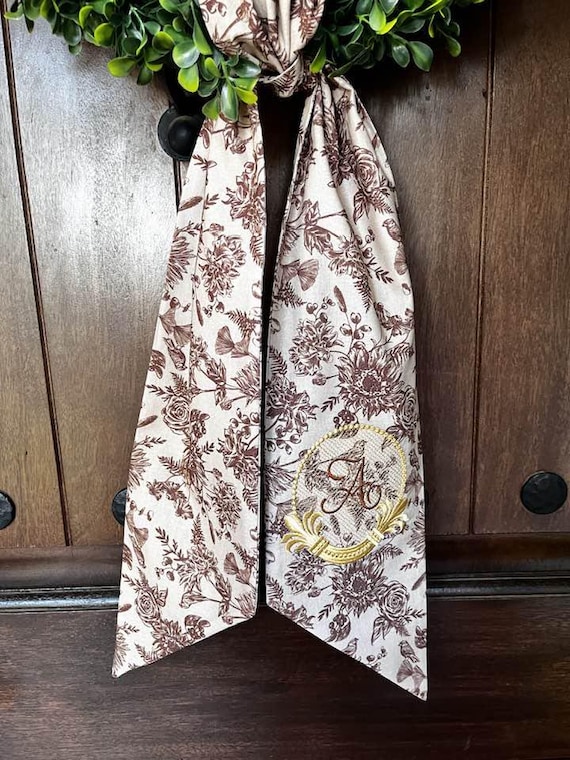 Monogrammed Toile Wreath Sash: Floral Bird Pattern, Soft Muted Tones