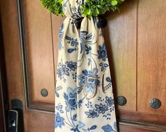Monogrammed Wreath Sash: Embroidered Floral Fabric, Blue & Gold or Blank