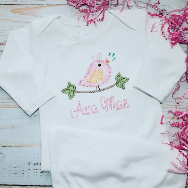 Personalized Bird Applique Infant Gown Coming Home Outfit for Baby Girl Pink Top Stitch with Monogrammed Name
