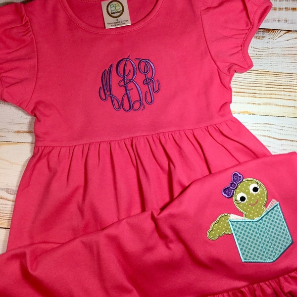 Girls Back To School Dress, First Day of School, Hot Pink Dress, Bookworm Dress, Girls Ruffle Dress, Back to School Outfit