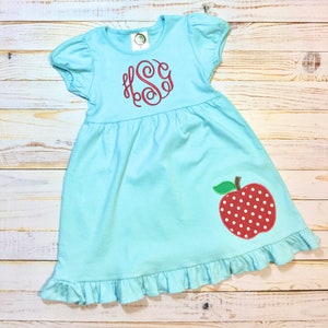 Back to School Outfit, Girl&#39;s Monogrammed Back to school dress, Appliqued Apple Dress, Girl&#39;s Back to School Dress, Ruffle Dress