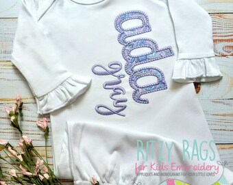 Personalized White Infant Gown Baby Girl with Ruffle Applique Lavender Lilac Baby Shower Girt Coming Home Outfit