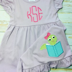 Back to School Dress, Applique Book Worm Dress, Girl's Ruffle Dress, Monogrammed Back to School Dress, Custom, School Outfit