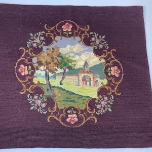 Antique European needlepoint and petit point of a small village