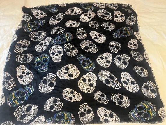 Day of the Dead scarf of skeleton heads 40" square