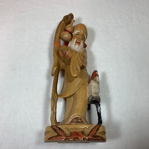 Vintage carved wooden Chinese figure with crane