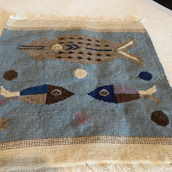 Ecuador small woven tapestry of fish 16" square vintage