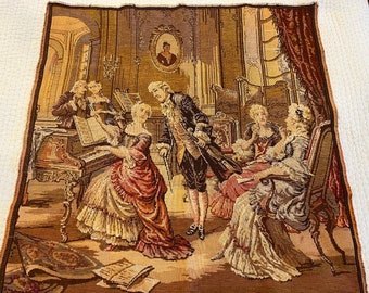 Tapestry antique from Belgium of piano and violin playing and listeners