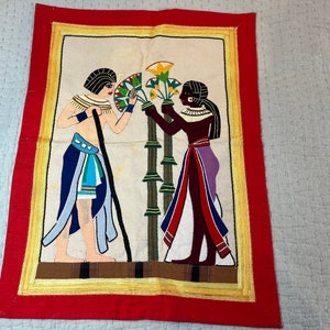 Egyptian pharaohnic appliqued scene of couple exchanging flowers vintage