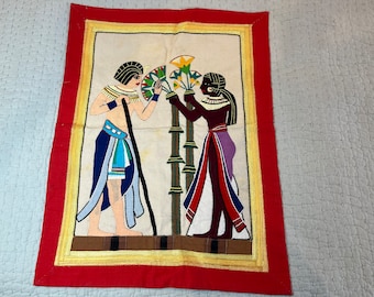 Egyptian pharaohnic appliqued scene of couple exchanging flowers vintage