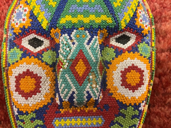 Huichol carved and beaded mask vintage Mexico - image 2