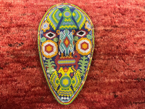 Huichol carved and beaded mask vintage Mexico - image 1