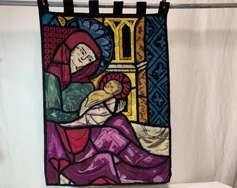 Christmas needlepoint nativity vintage wall hanging stained glass look