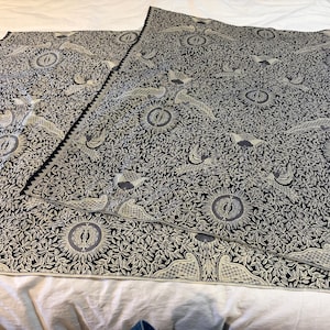 May include: A rectangular textile featuring a dark navy blue and off-white intricate pattern of repeating birds, stylized floral motifs, and dense foliage. The fabric displays a symmetrical design with circular elements and a detailed border edge.