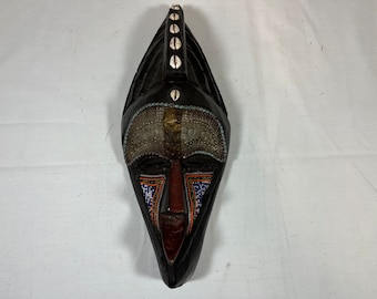 African vintage beaded shell bronze mask hand carved