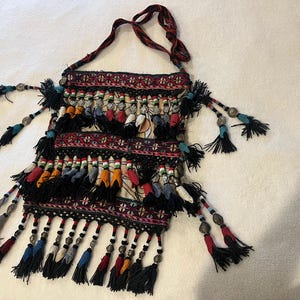 Uzbek purse antique, beaded, embroidered, woven, 12&quot; x 14&quot; crossbody, folk art
