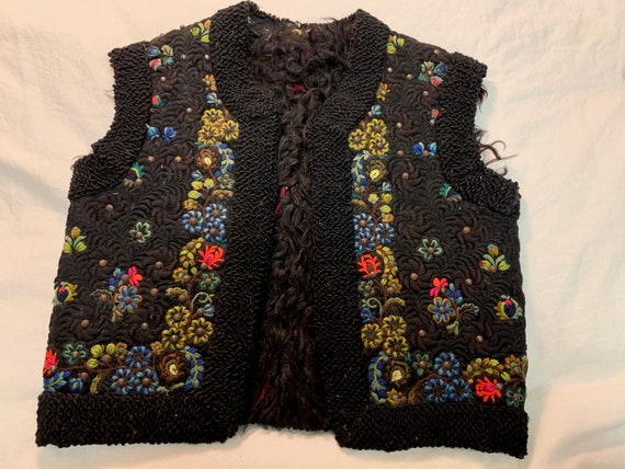 Antique Romanian sheepskin embroidered vest