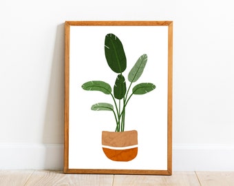 Pájaro del Paraíso impresión de arte, ilustración de la planta de la casa tropical, decoración de la pared botánica boho, regalo amante de la planta, pared imprimible descargable