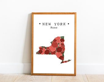 New York State Flower Wall Art, New York Map Rose Print, Stampe di fiori di stato degli Stati Uniti, New York Wall Art, New York Map Decor, Arte scaricabile