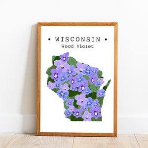 Wisconsin State Flower Wall Art, WI Common Blue Violet Print, Fiori di stato degli Stati Uniti stampabili, Wisconsin Map Poster, State Flower Prints
