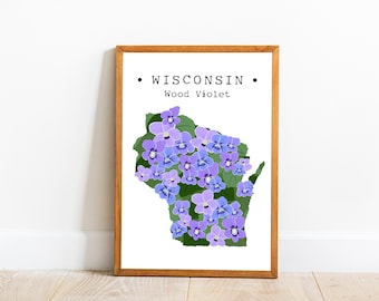 Wisconsin State Flower Wall Art, WI Common Blue Violet Print, Fiori di stato degli Stati Uniti stampabili, Wisconsin Map Poster, State Flower Prints