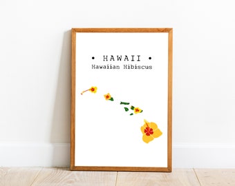Hawaii State Flower Print, Hawaiian Hibiscus Flower Wall Art, Estados Unidos Flower Wall Art, Hawaii Map Wall Art, Hawaii Poster, Downloadable