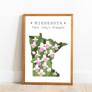 Minnesota State Flower Wall Art, rosa Dame Slipper Druck, Minnesota Karte Kunst, US State Blumendrucke, Minnesota Wand-Dekor, herunterladbar