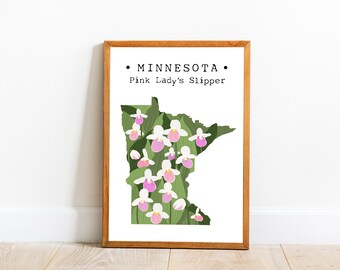 Minnesota State Flower Wall Art, Pink Lady's Slipper Print, Minnesota Map Art, US State Flower Prints, Minnesota Wall Decor, Descargable