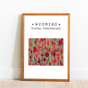 Wyoming State Flower Wall Art, Wyoming Map Art, State Flower Prints, Wyoming Home Decor, Indian Paintbrush Wall Art, Downloadable Wall Art