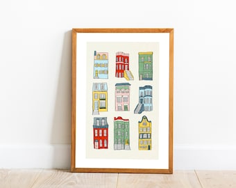 Row Houses illustration art print, Colorful homes in NYC, Modern art prints, Contemporary drawing printable, Downloadable Wall decor poster