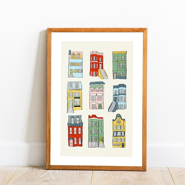 Row Houses illustration art print, Colorful homes in NYC, Modern art prints, Contemporary drawing printable, Downloadable Wall decor poster