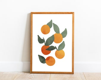 May include: A framed print of a stylized illustration of orange fruit with green leaves on a white background.
