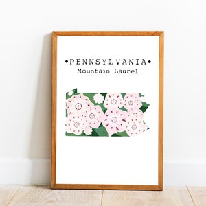 Pennsylvania State Flower Wandkunst, Berg Lorbeer Kunstdruck, Pennsylvania Karte Kunst, US State Blume Home Decor, herunterladbare Kunstdruck