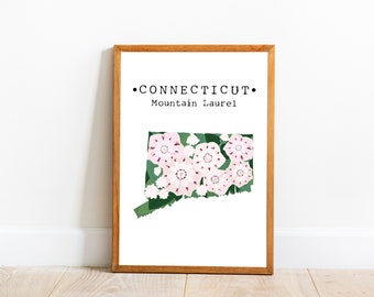 Connecticut State Flower Wall Art, Connecticut Mountain Laurel Print, Connecticut Map Art, Decoración de la pared de flores del estado de EE. UU., arte descargable