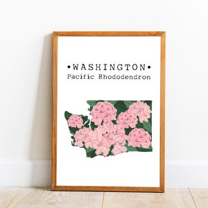 Arte de parede de flores do estado de Washington, impressão de rododendro do Pacífico, pôster de mapa de Washington, decoração de parede de flores do estado, decoração de casa de Washington