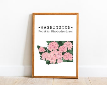 Washington State Flower Wall Art, Pacific Rhododendron Print, Washington Map Poster, State Flower Wall Decor, Washington Home Decor