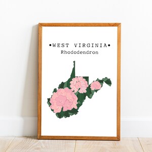 West Virginia State Flower Wall Art, West Virginia Rhododendron, West Virginia Kaart Print, West Virginia Room Decor, Downloadbare Art Print