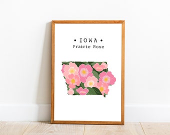 Iowa State Flower Wall Art, Iowa Flower Print, Iowa Prairie Rose Art, Iowa Housewarming Gift, Carteles de flores estatales, impresión de arte descargable