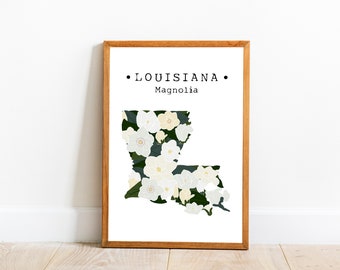 Louisiana State Flower Print, Magnolia Flower Wall Art, Louisiana Map Wall Art, US State Flower Art Prints, State Decor, Downloadable Art