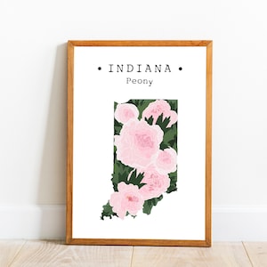 Indiana State Blume Wand-Dekor, Indiana Pfingstrose Wandkunst, Indiana Karte Druck, US State Blume Poster Kunst, Indiana Home Decor, herunterladbare Kunst