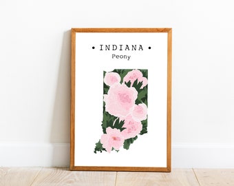 Indiana State Flower Wall Decor, Indiana Peony Wall Art, Indiana Map Print, US State Flower Poster Art, Indiana Home Decor, Downloadable Art