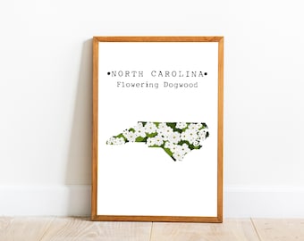 North Carolina State Flower Wall Art, North Carolina Flowering Dogwood Print, North Carolina Map Art, State Flower Poster, Downloadable Art