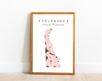 Delaware State Flower Wall Art, Delaware Peach Blossom Wall Decor, impresión de flores estatales de EE.UU., impresión de flores estatales, delaware map art, descargar