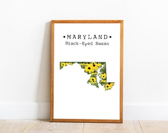 Maryland State Flower Print, Maryland Map Art, Black Eyed Susan Wall Art, College Apartment Decor, State Flower Prints, Downloadable Art