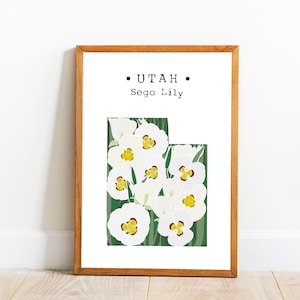 Utah State Flower Wandkunst, Utah Sego Lily Kunst, Utah Karte Kunst, Utah Blumendruck, US-Staat Blumendrucke, Utah Wand-Dekor, herunterladbare Kunst