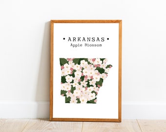 Decoración de la pared de flores del estado de Arkansas, arte de la pared de la flor de manzana, arte de la pared del mapa de Arkansas, impresiones de arte floral del estado de EE.UU., decoración del estado, arte descargable